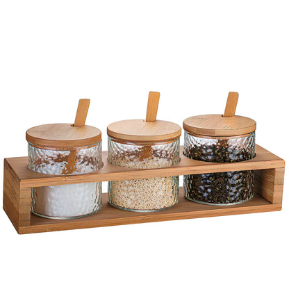 Japanese hammer pattern glass seasoning pot with three containers and bamboo lids on wooden base