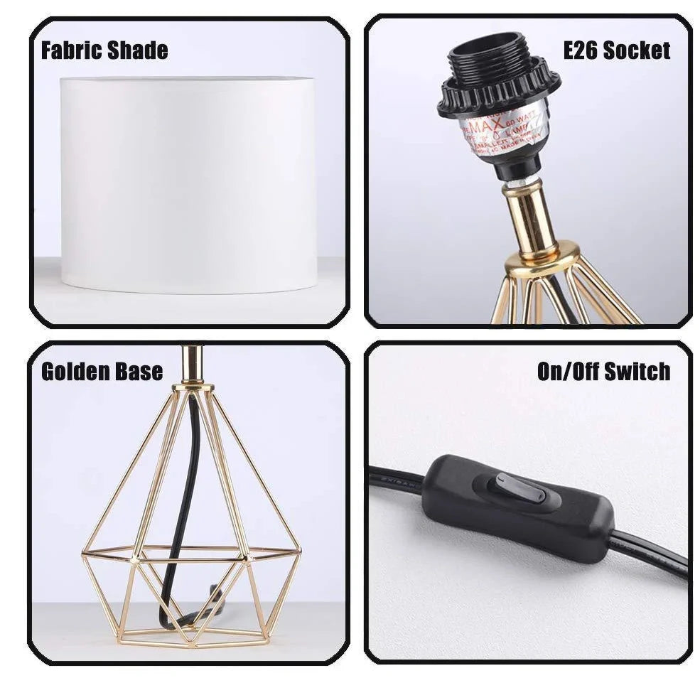 White iron frame table lamp with fabric shade and knob switch, E27 base for LED bulbs