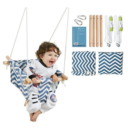 Infant Hanging Chair with blue and white canvas, adjustable ropes, and detachable cushion