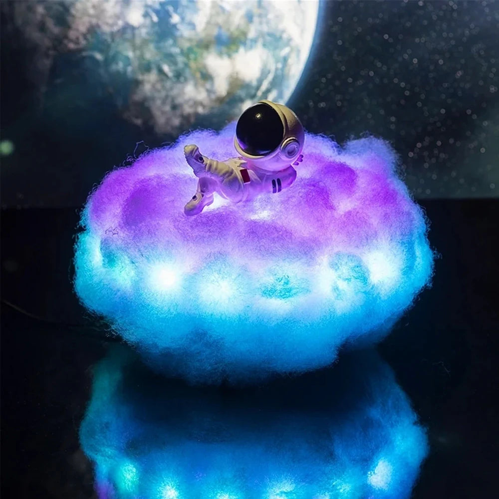 LED colourful clouds astronaut lamp with rainbow effect on wooden stand