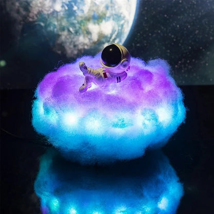 LED colourful clouds astronaut lamp with rainbow effect on wooden stand