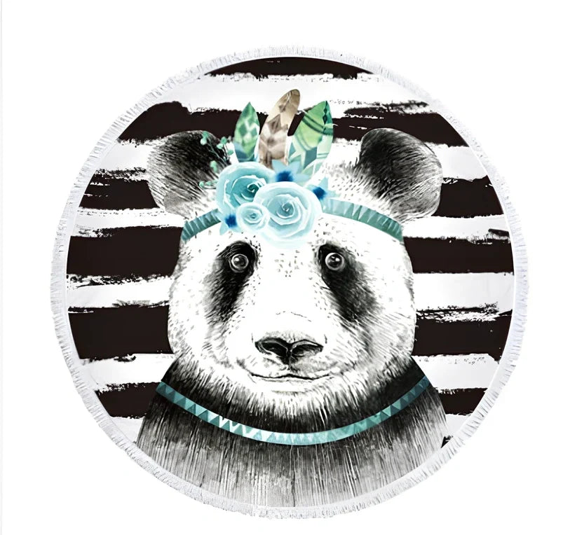 Round blue beach towel with panda design showing 140cm diameter and cushion roll function