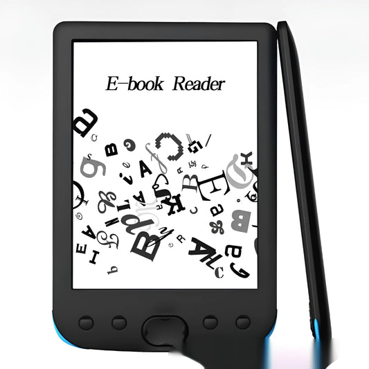 Black 6-inch e-book reader with E-ink screen showing digital text display