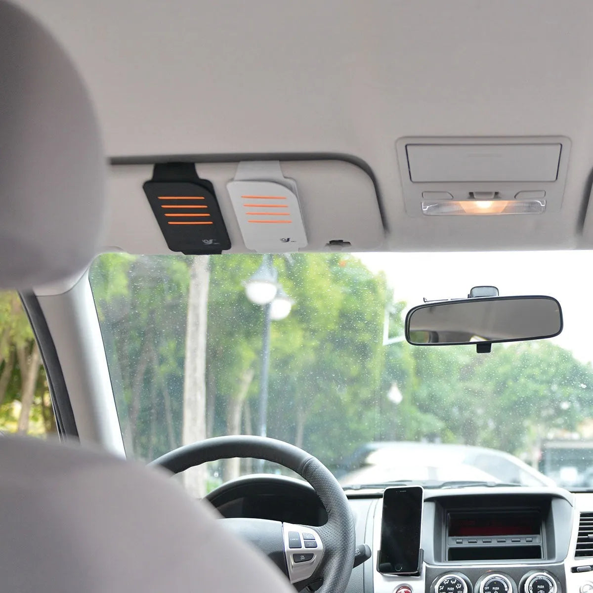 Car Card Package Store Car Sun Visor set showing four shading panels and vehicle-mounted storage bag in black colour