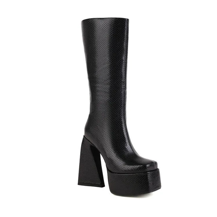 Women's high boots with artificial PU upper in black, red, blue, or white colours, sizes 34-43
