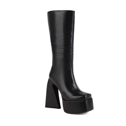 Women's high boots with artificial PU upper in black, red, blue, or white colours, sizes 34-43