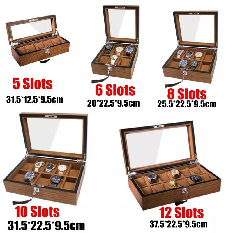 Matte wood grain lock watch storage box with 5 slots, brown color