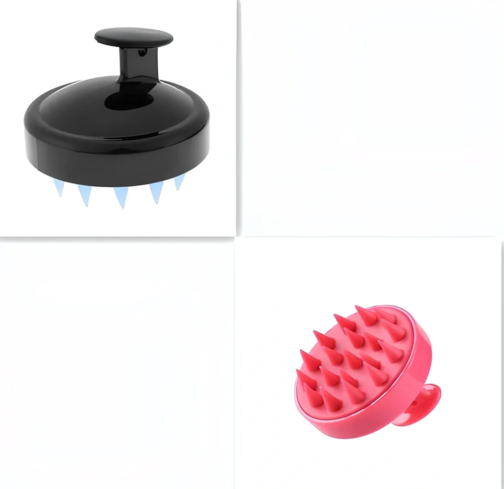 Black silicone shampoo brush with hook design measuring 8x8x7cm for scalp massage during hair washing