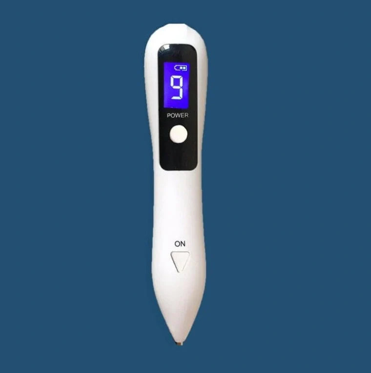 Laser beauty point pen with LCD display showing power level, stainless steel tip, and USB charging port