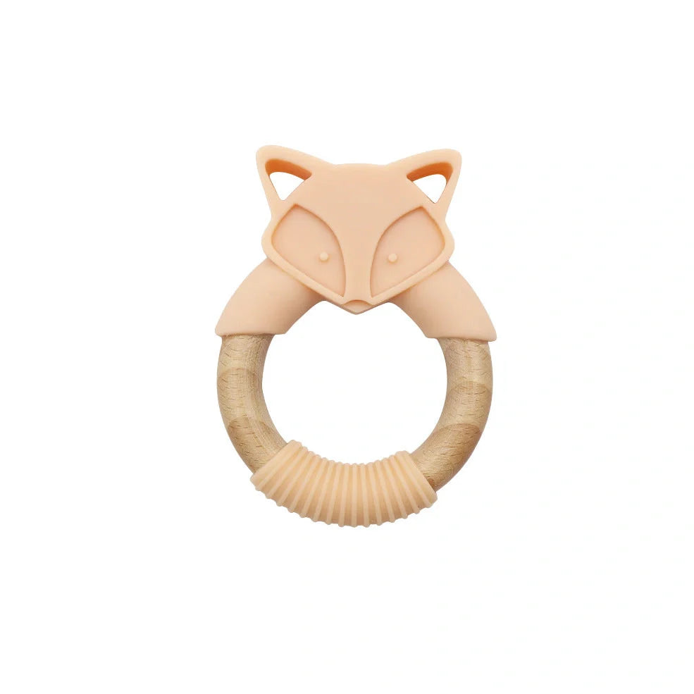 Wooden fox teether with orange silicone ring measuring 80mm high