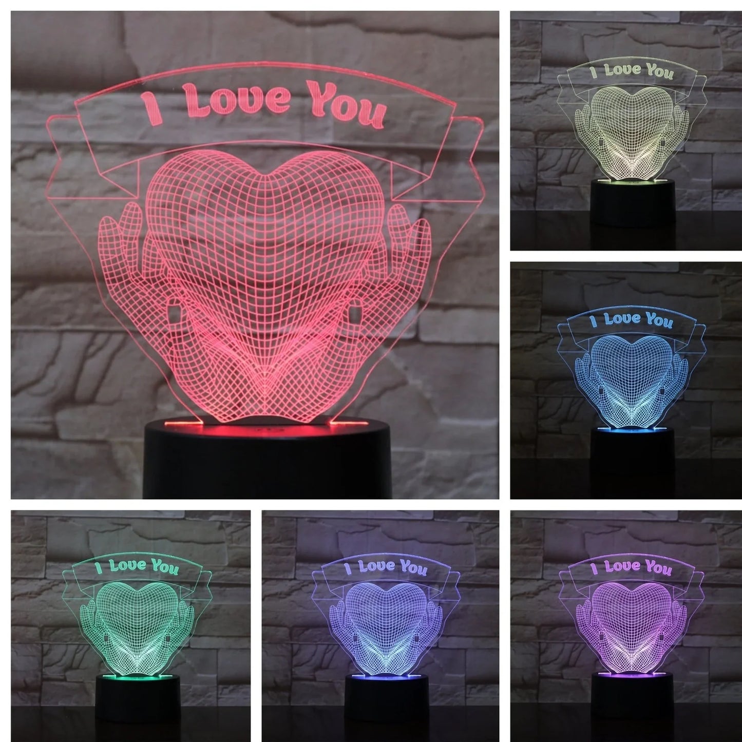 3D acrylic night light with hands holding heart design, showing seven colour options and remote control