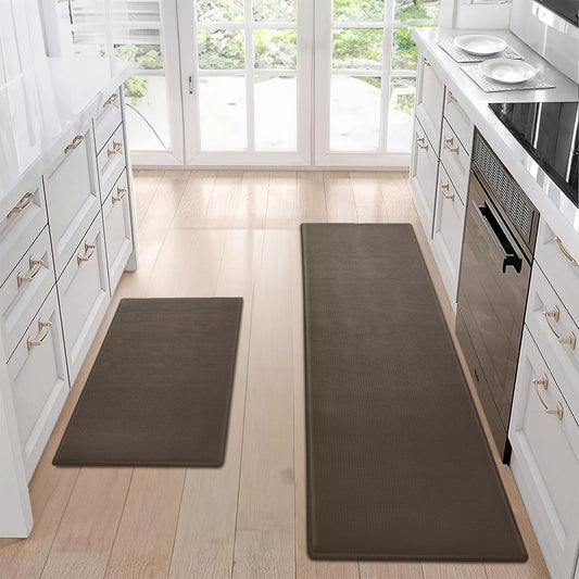 Non-slip kitchen floor mat set in brown, waterproof and easy to clean