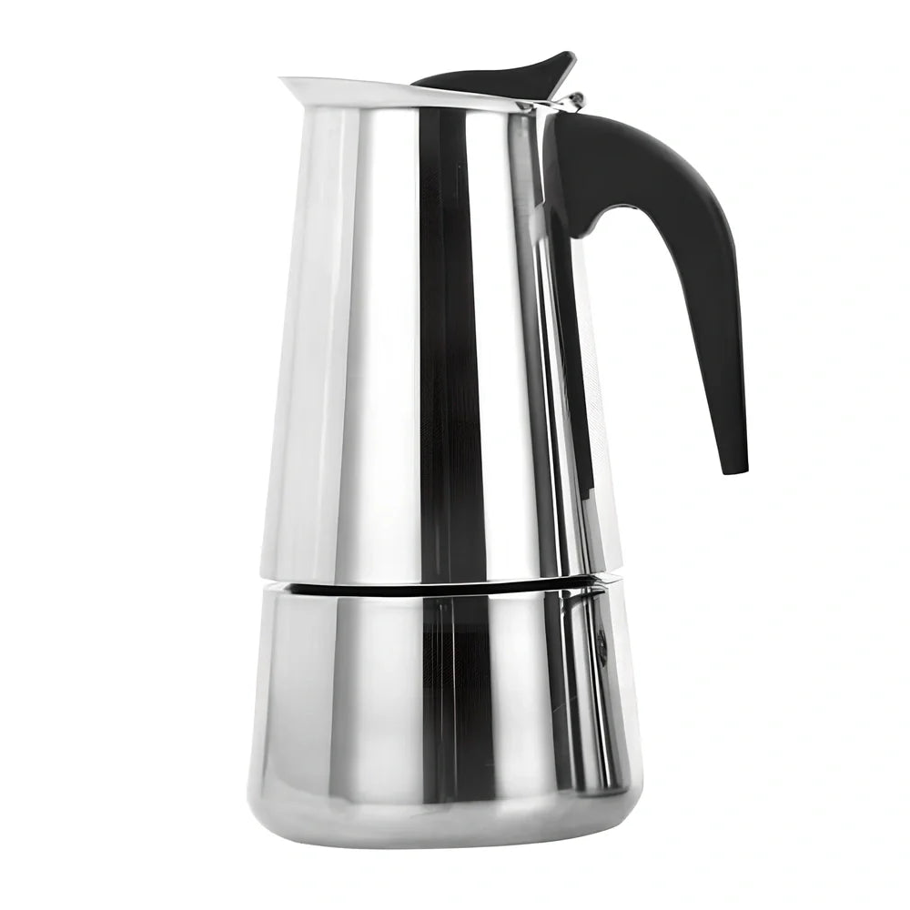 Moka coffee maker with plastic handle and stainless steel body in 100ML-450ML sizes