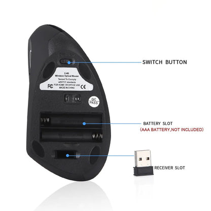 Black left hand vertical wireless mouse with DPI button, thumb buttons, 108g, 4.92 x 2.56 x 3.23 inches