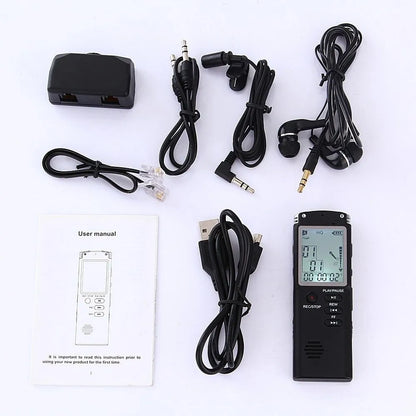 Original USB professional voice recorder with dimensions 3.8 x 1.3 x 0.47 inches, showing microphone inputs and display