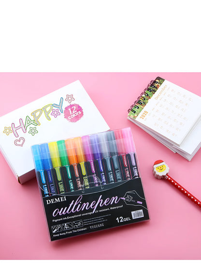 12 colour metal double line outline pen set showing 13cm length and plastic pen tips