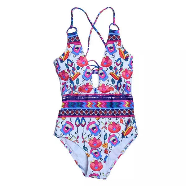 Floral bandage swimsuit with high elasticity and open back design