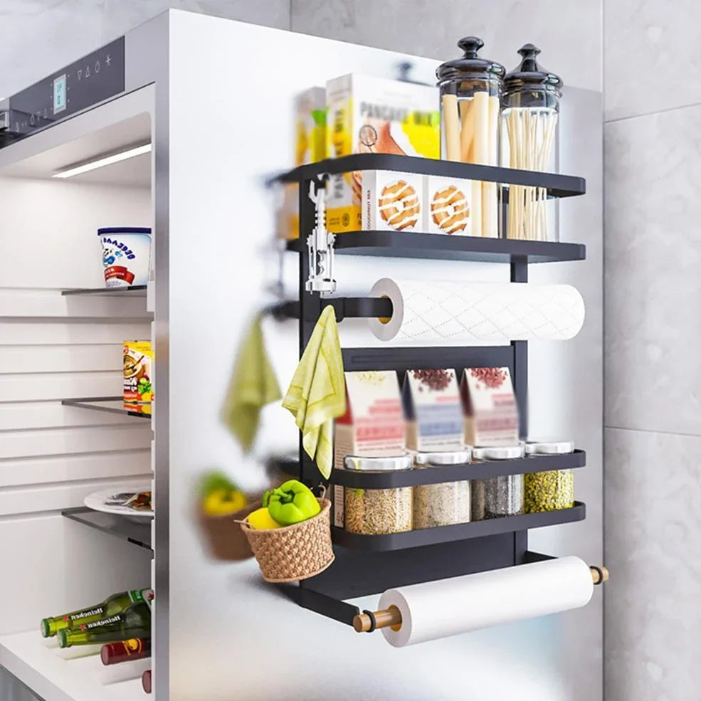 Black magnetic shelf mounted on refrigerator with spices and condiments organised neatly
