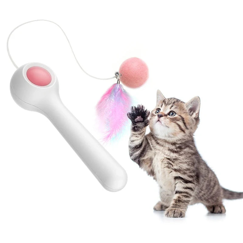 Gravity funny cat stick toy with pink handle and wool ball for feline play