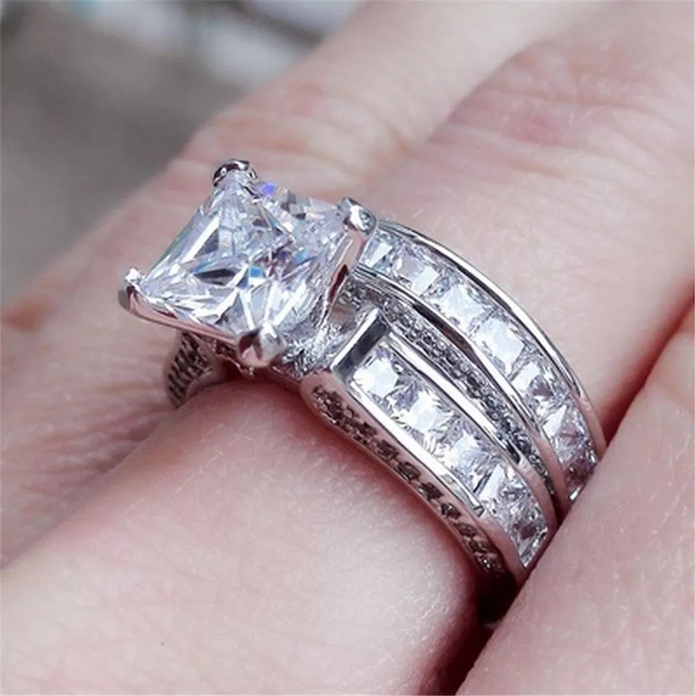 Silver princess cut CZ couple rings for anniversaries and weddings, sizes 5-12