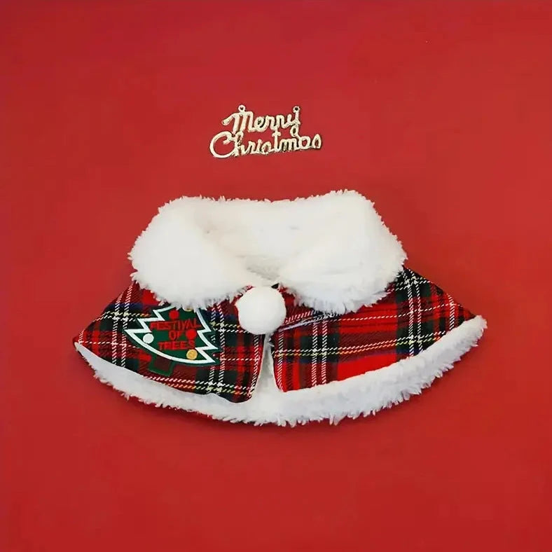 Pet wearing Christmas scarf with snowflake pattern, showing adjustable fit and holiday design details