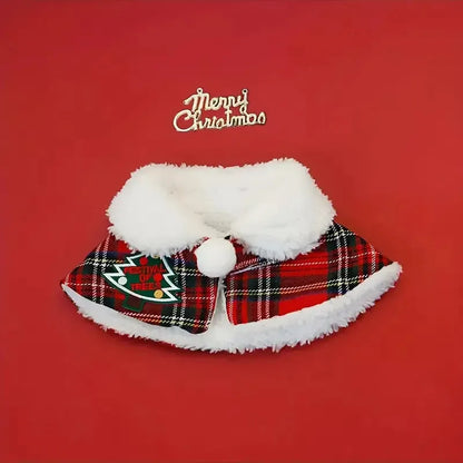 Pet wearing festive scarf with snowflake bell design, red background, adjustable fit for winter warmth