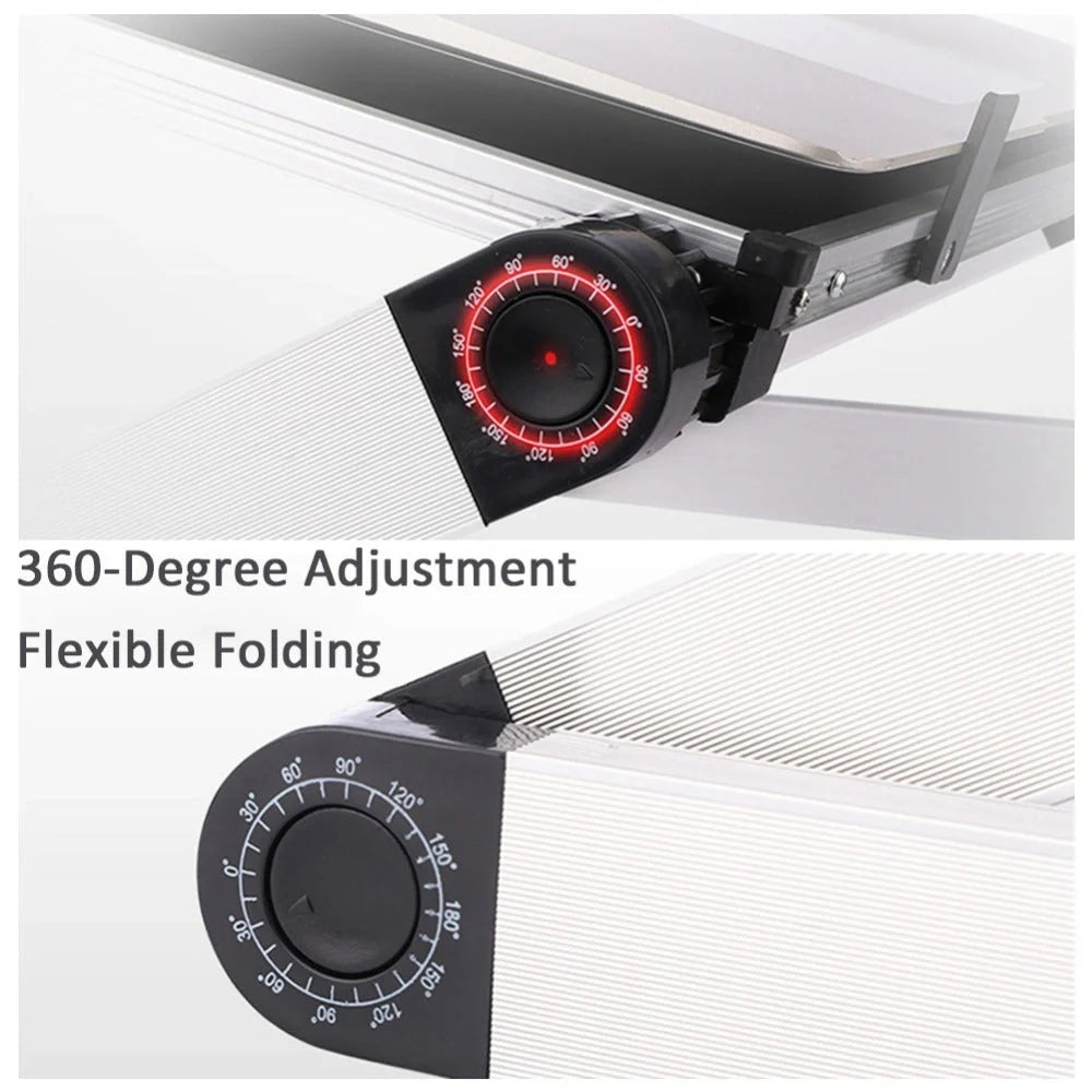 Adjustable foldable laptop stand in black and white, with 360-degree rotation and height adjustment