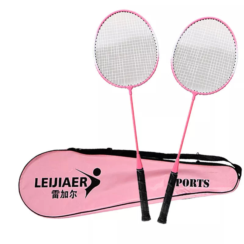 Beginner badminton racket set with iron frame and cover pocket in blue, pink, or red