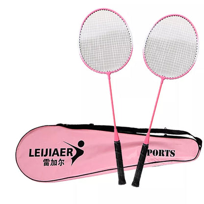 Beginner badminton racket set with iron frame and cover pocket in blue, pink, or red