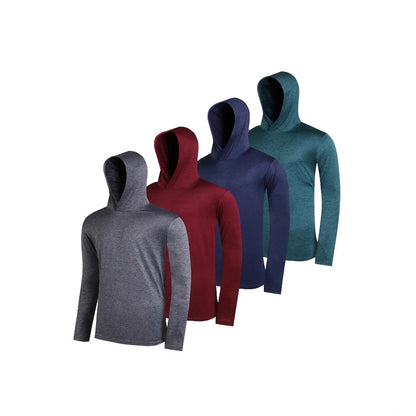 Set of four grey men's lightweight polyester hoodies folded, showing hooded and non-hooded styles.