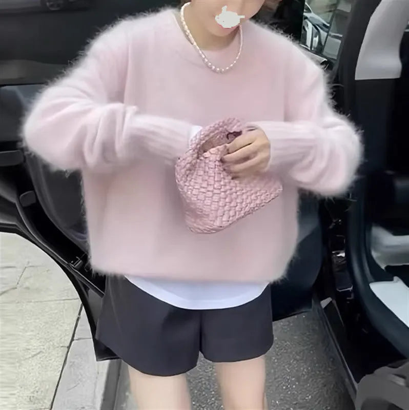 Mohair Lazy Loose Pullover Sweater for Women, Polyester Long Sleeve Solid Colour Top, 50cm Regular Length, Idle Style Collage Stitching, Medium Thickness, Adult Female, Free Size, Casual Wear