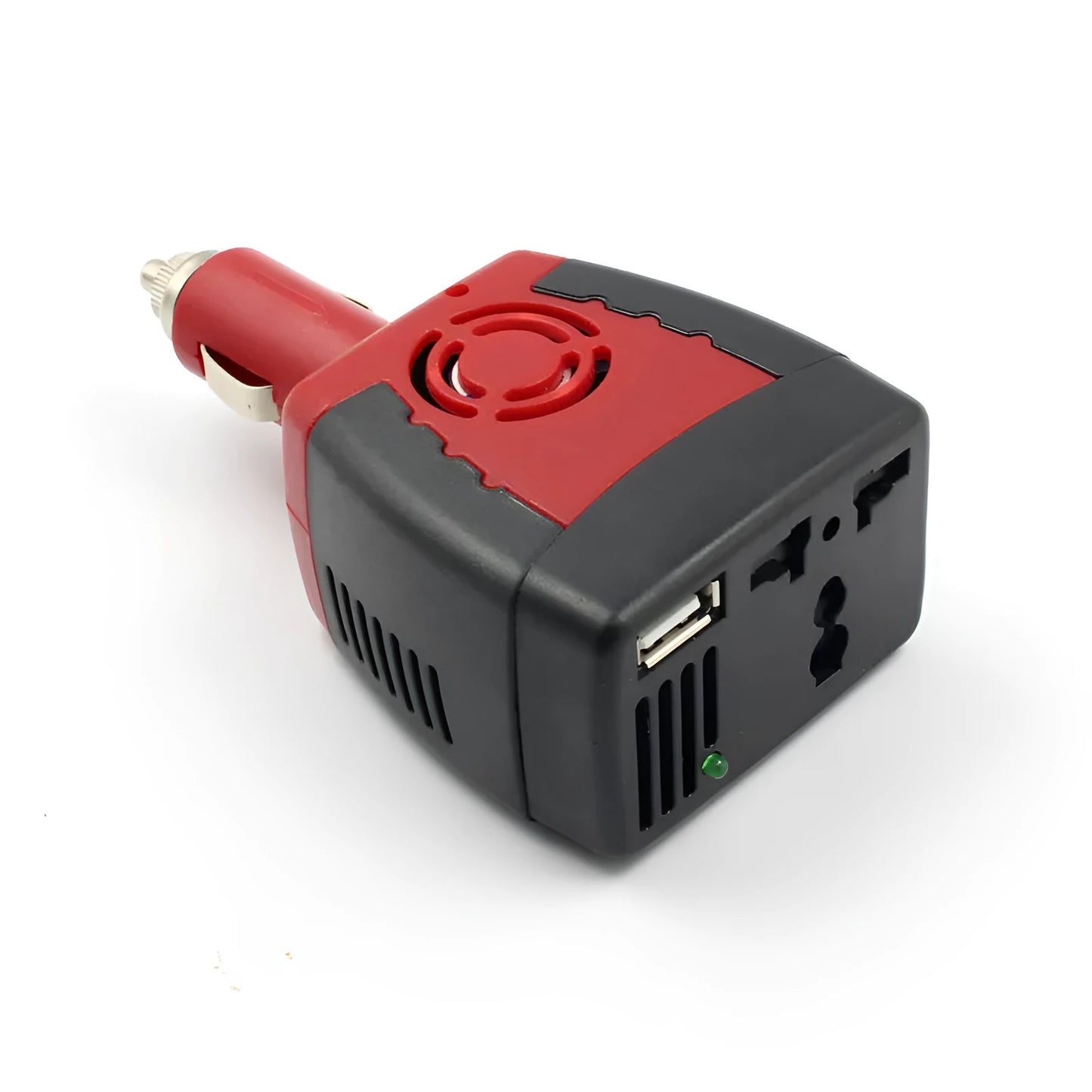 Black and red 150W car power inverter converting 12V DC to 110V AC with USB port