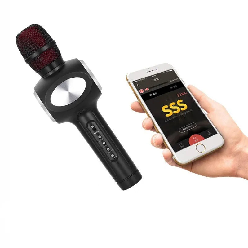 Yaerjia E108 wireless mobile microphone in black, gold, or pink colour with capacitive pickup and 5W speaker output