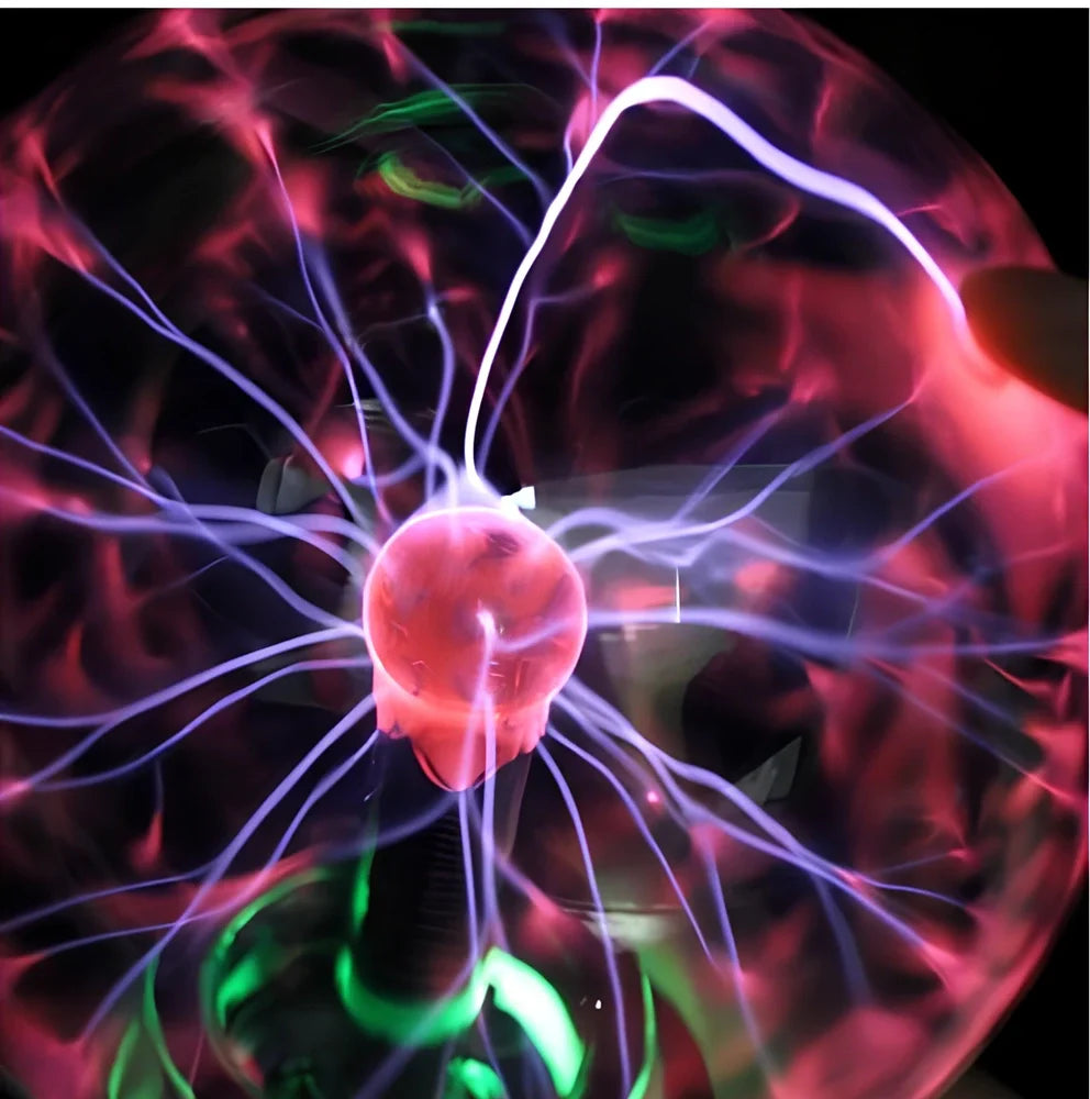 Plasma lightning ball with colourful electrostatic patterns inside 6-inch glass sphere responding to touch