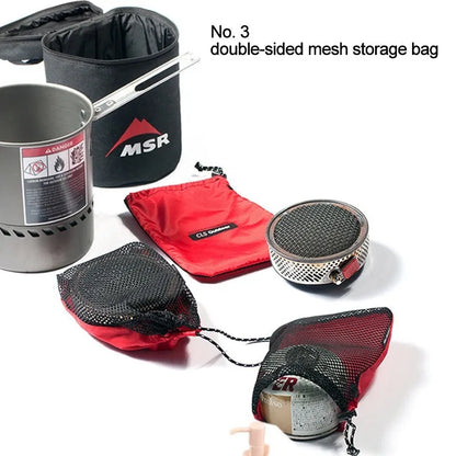Red 5-piece outdoor travel storage bag set made from Oxford cloth with mesh panels and zipper closures.