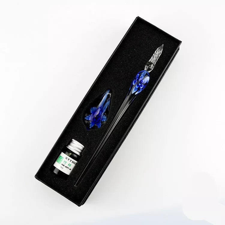Crystal Flower Glass Dip Pen Set with elegant floral design and smooth writing nib