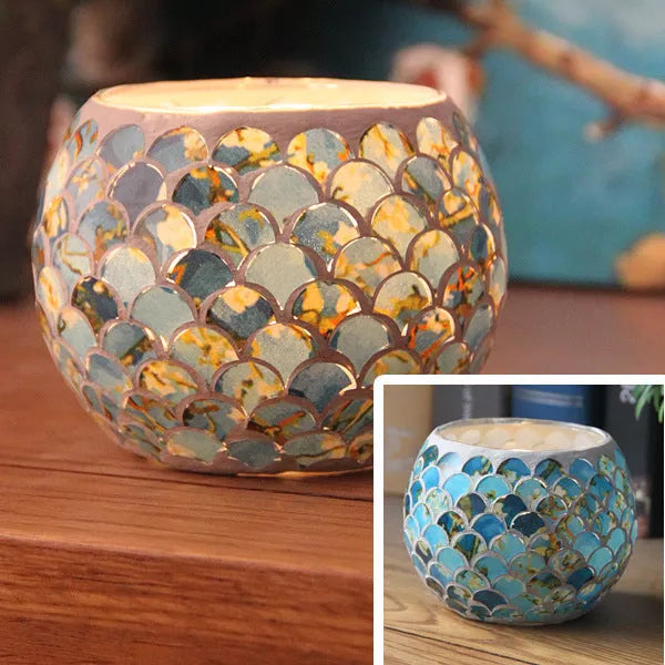 Mosaic glass candle holder in vibrant colors with elegant mosaic pattern