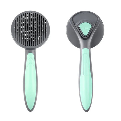 One button dog hair removal comb with stainless steel pins, 19.3cm long, in mint green or gentleman grey