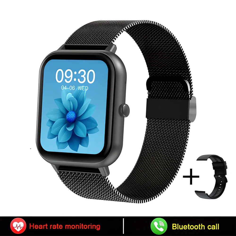 Bluetooth-enabled smartwatch with health monitoring features, including heart rate, blood pressure, and blood oxygen tracking, along with music control and voice commands.
