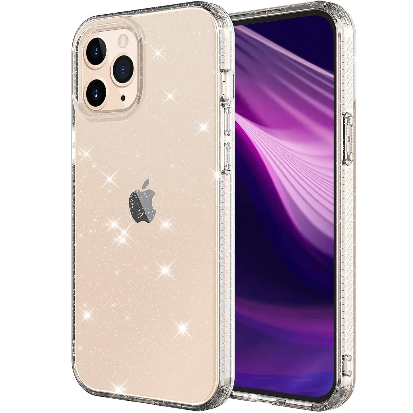 Glitter transparent TPU phone case for iPhone 12 Pro Max in pink, black, purple and clear colours