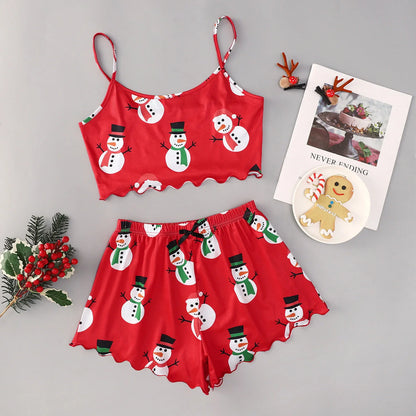 Christmas Women's Milk Silk Pajamas Set with Sleeveless Shorts in festive designs