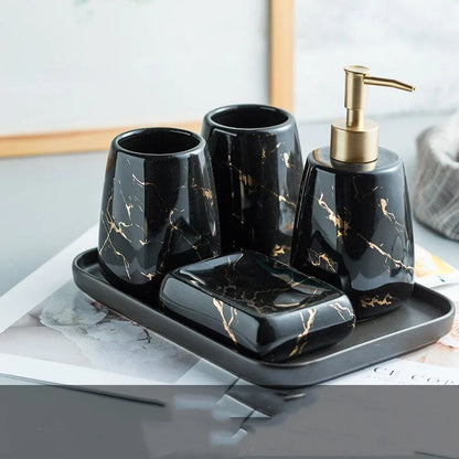 Ceramic bathroom wash set in porcelain with decal decoration, available in black, blue or white colours
