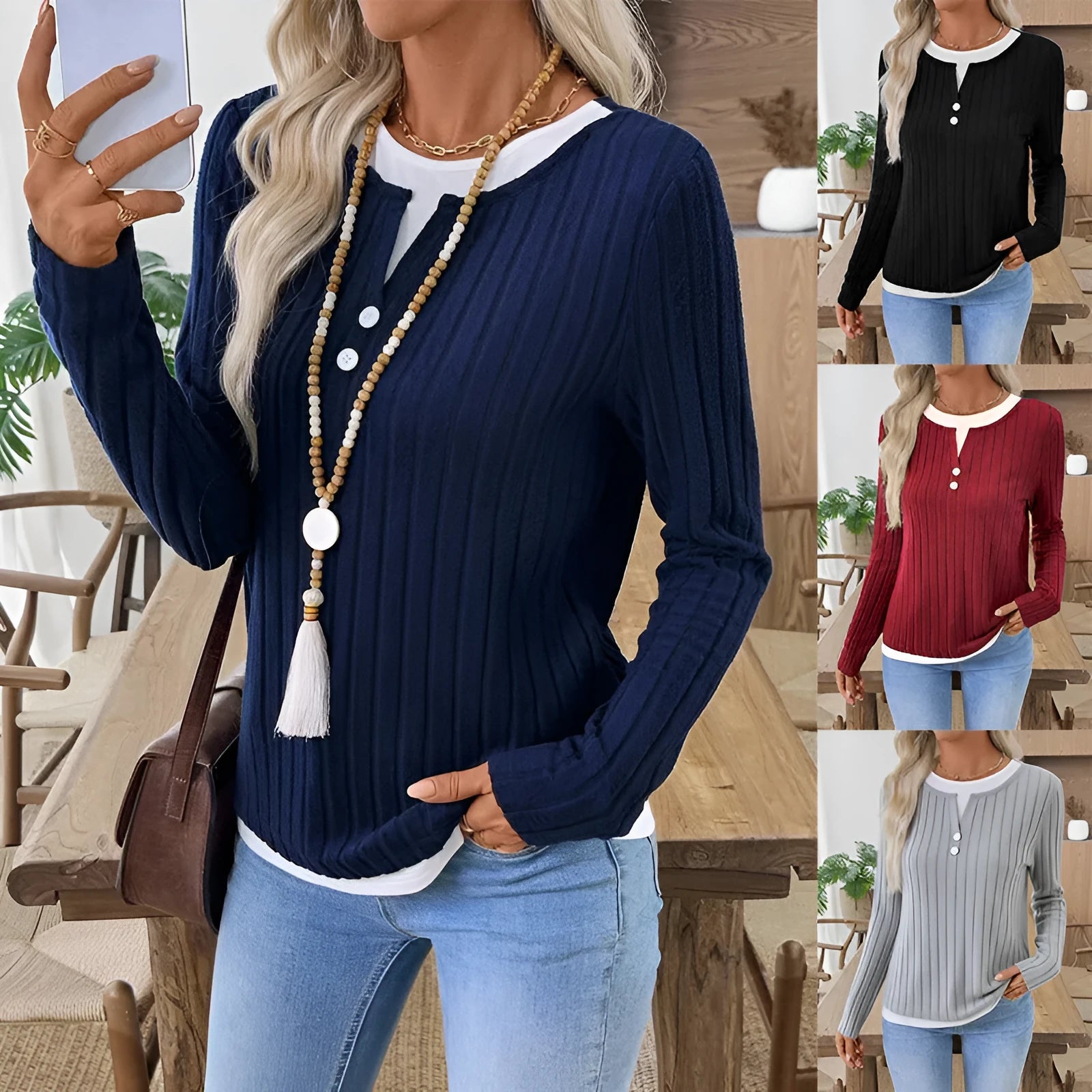 Women's concave stripe pullover sweater with fake two-piece design and button front in street fashion style