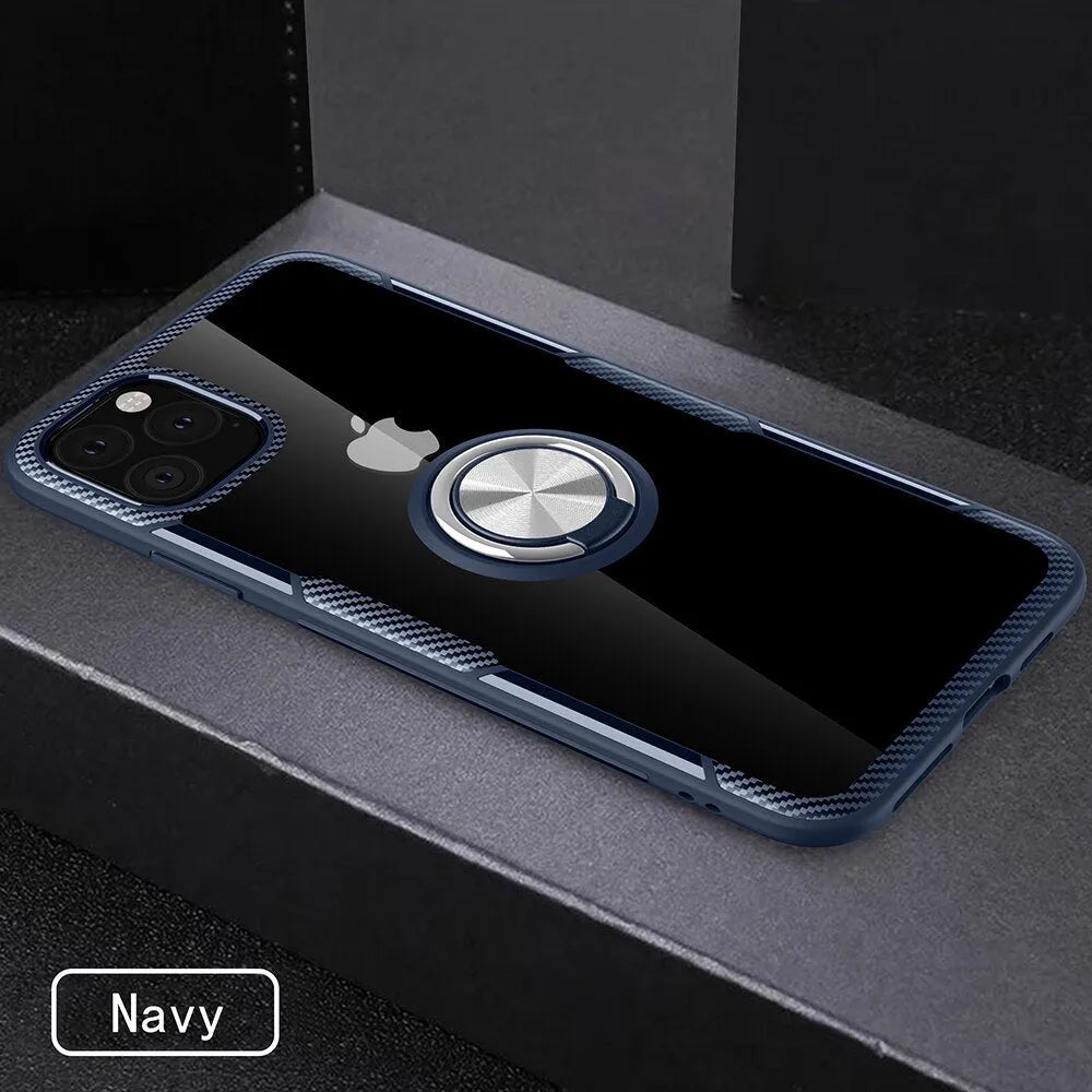 iPhone 11 Pro Max case with car holder arm in navy blue, showing PU material and button access.