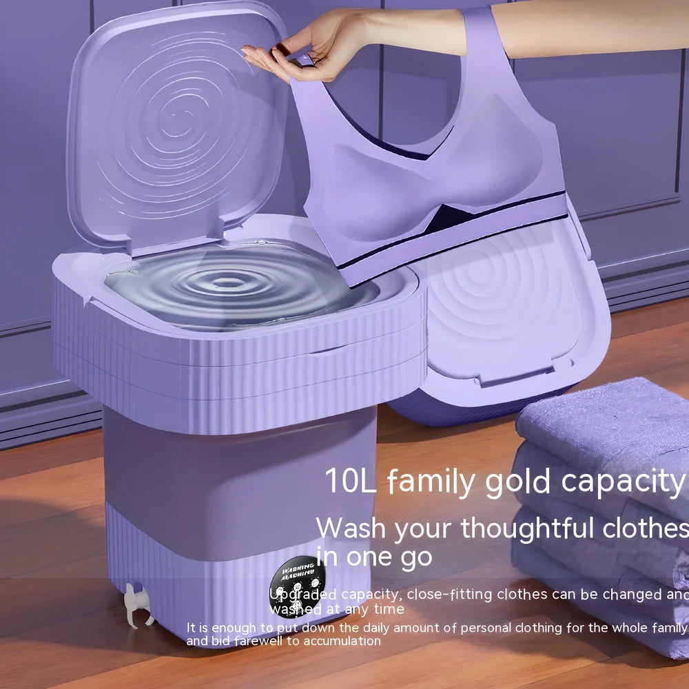Compact purple folding washing machine with UK plug, measuring 30cm wide with 10L capacity drain basket