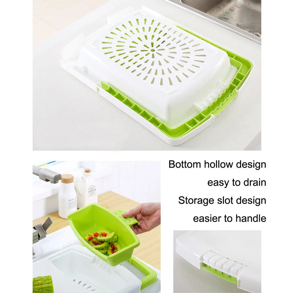 Green multifunction cutting board with drainage holes and storage trough mounted on a kitchen sink.