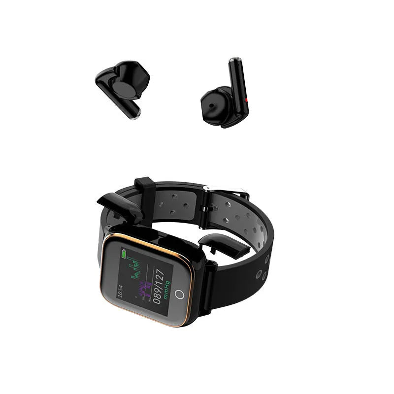 Black smartwatch with integrated Bluetooth earbuds showing a 1.4-inch display with fitness metrics.