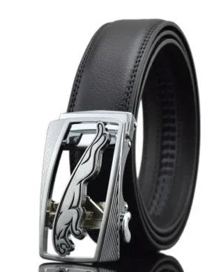 Men's black leather belt with automatic buckle mechanism showing 3.5cm width