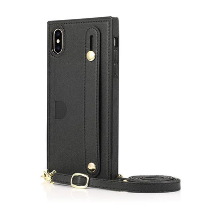 Leather messenger phone case with card holder and wristband in black, red, rose gold, green, or purple for iPhone