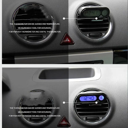 Black electronic car clock thermometer with LED display showing time and temperature, mounted on adjustable bracket